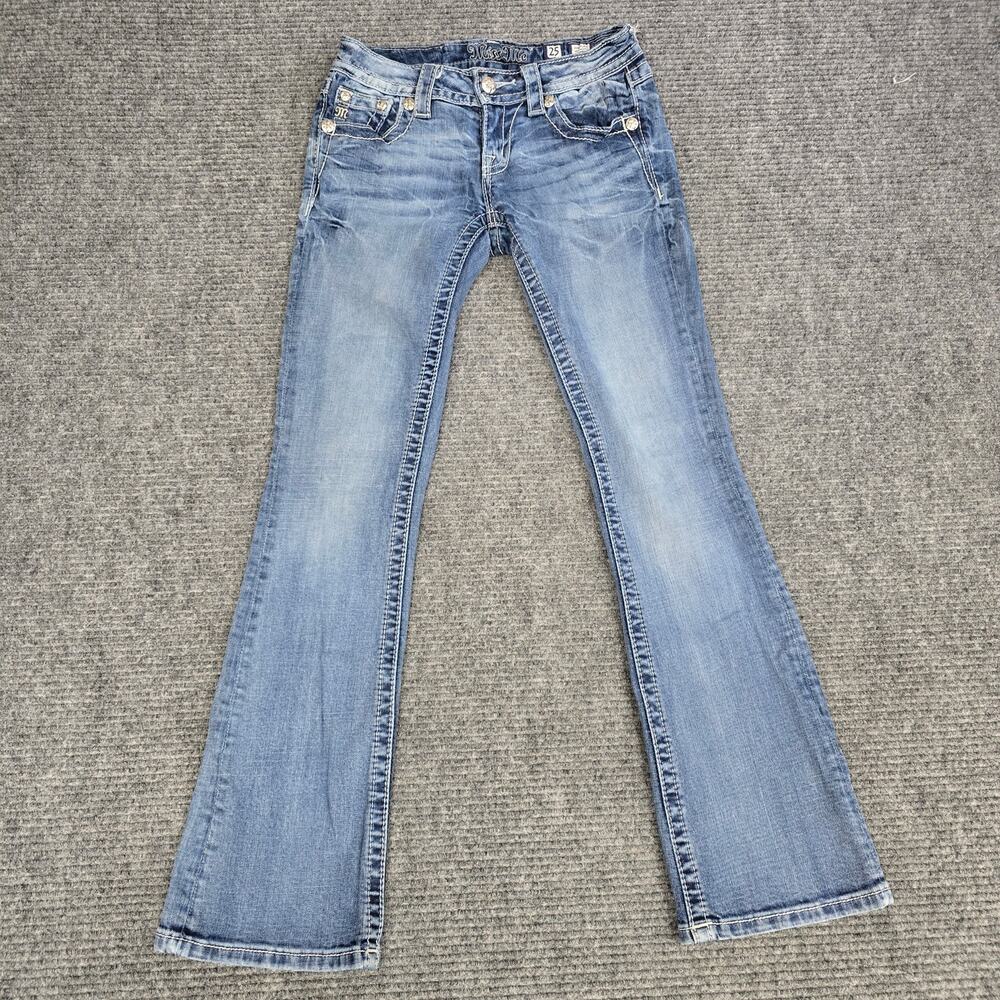 Miss Me Signature Boot Jeans Womens 25 Blue Fleur De Lis Rhinestone Y2K